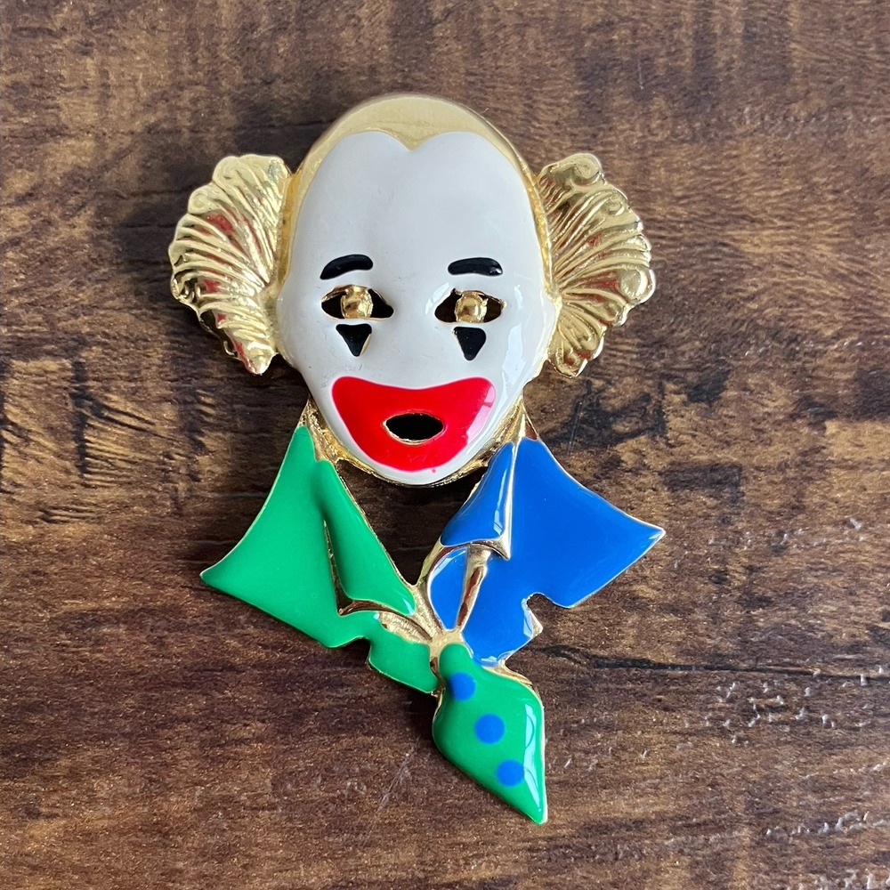 Vintage Enamel Clown Brooch Pin Gold Tone Large Statement 3" Colorful Harlequin